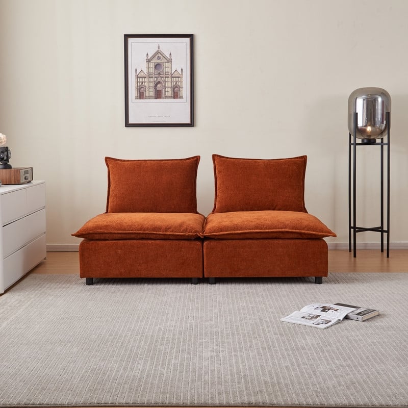 Armless Super Soft Chenille Modular Sofa Design (2 & 3 Seater) - 2 Seats - Orange