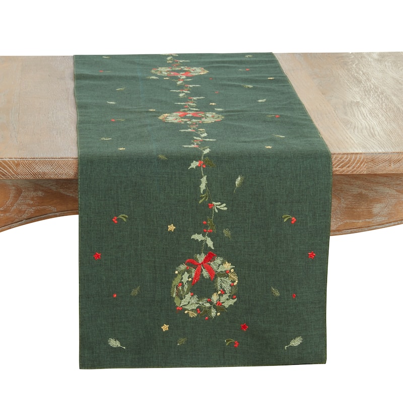 Embroidered Wreath Table Runner - 16"x70" - Green
