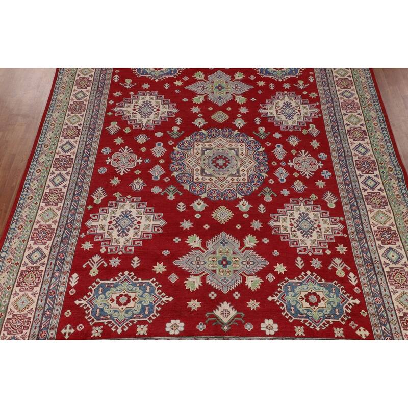 Geometric Red Large Kazak Oriental Area Rug Hand-Knotted Wool Carpet - 10'0" x 13'9"