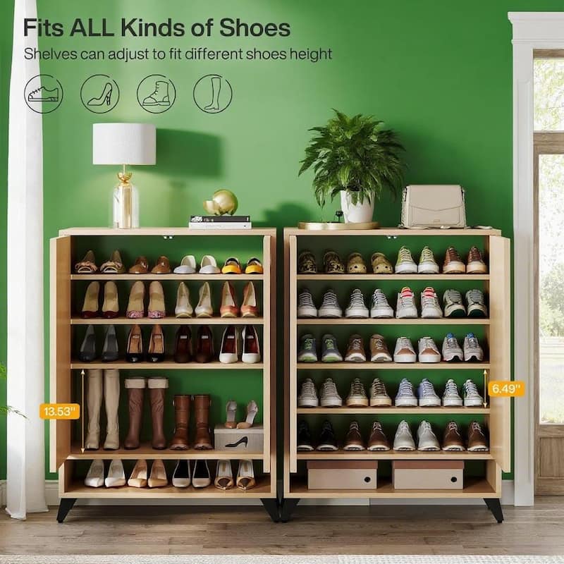 Natural MDF and Metal Shoe Cabinet with Hidden Adjustable Shelves Rebound Doors Anti Tip Storage Organizer for Home