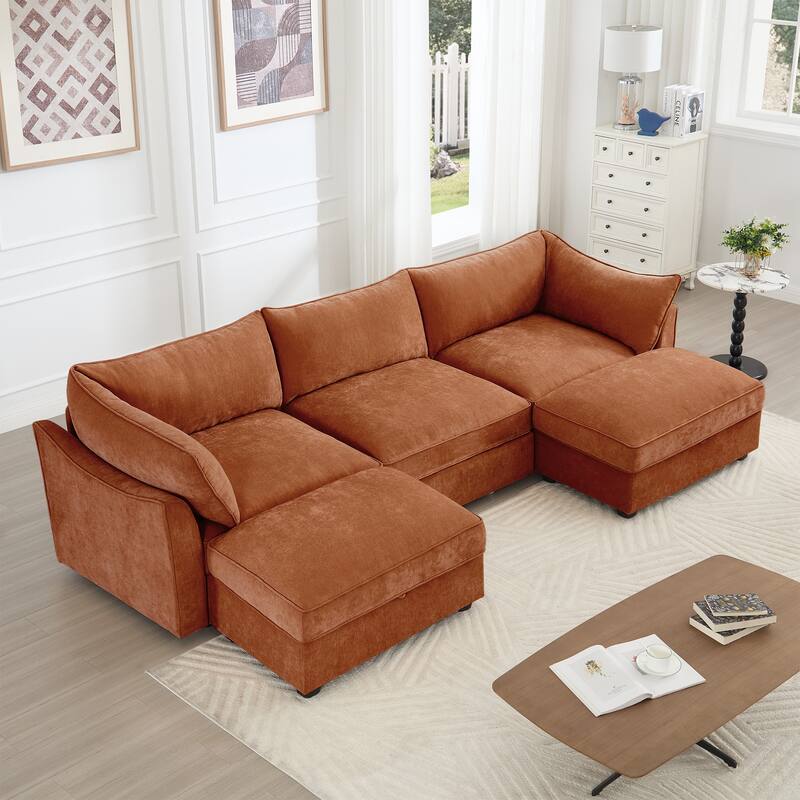 U-Shape 3-Deep Seater Sofa Couch with 2 Movable Storage Ottomans & Pull Out Drawers - Orange