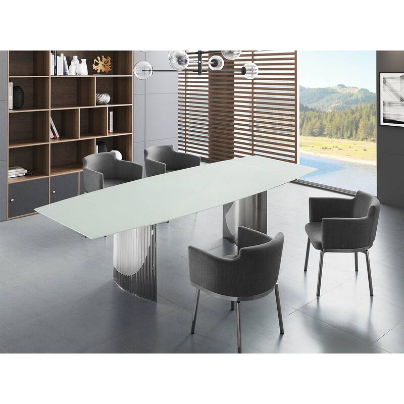 Allegra Manual Dining Table with Stainless Steel Base and Clear Top - White