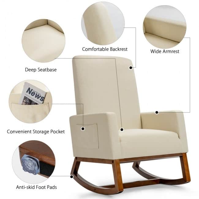 Rocking High Back Upholstered Lounge Armchair with Side Pocket - 31" x 26" x 39" (L x W x H)