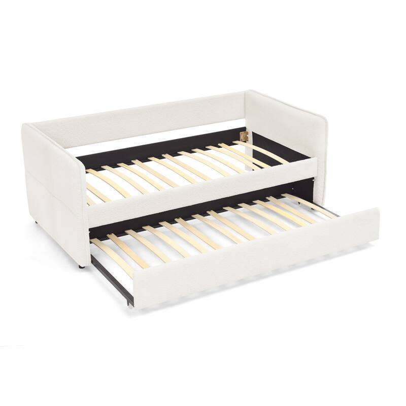 Daybed with Trundle Upholstered Tufted Sofa Bed, Twin Size, Boucle Fabric, Beige (83"x43"x29.5")