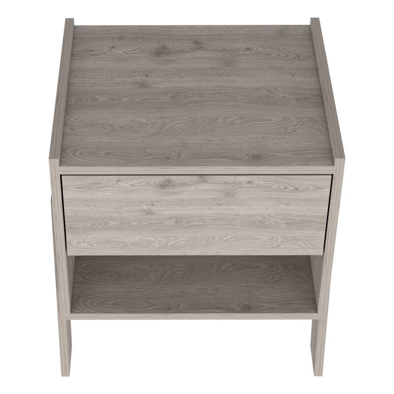 Light Gray Nightstand with Open Shelf and Drawer