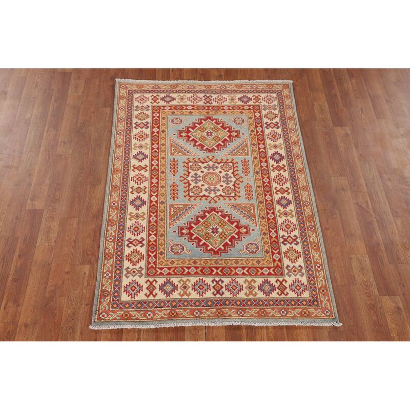 Geometric Kazak Accent Rug Handmade Blue Wool Carpet - 3'5" x 4'10"