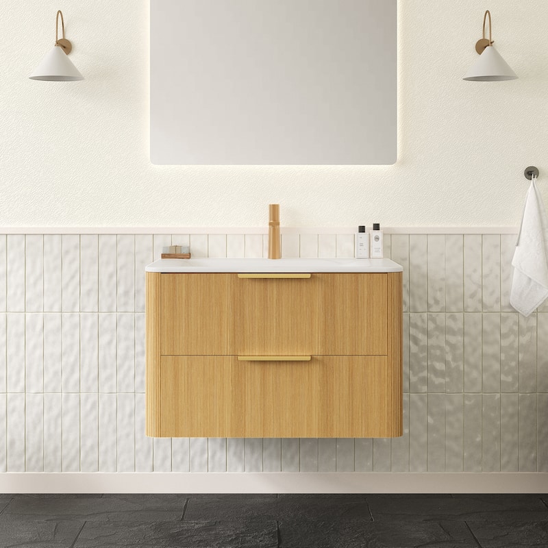 GDF Studio - Zane Bathroom Vanity with Ultra-Pinstriped Drawer Fronts & Carrara White Sintered Stone Basin, WITHOUT Faucet - Light Oak - 30"
