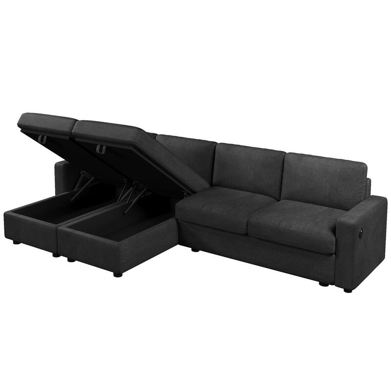 103.9" Convertible U-shaped Sofa with 2 Storage Chaise Lounges, 4 USB Ports, Black Polyester
