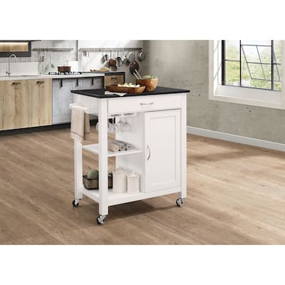 Kitchen Island Rolling Bar Cart on Wheels, Rustic Modern Furniture with Storage Cabinets & Two Open Shelves 32 Inch