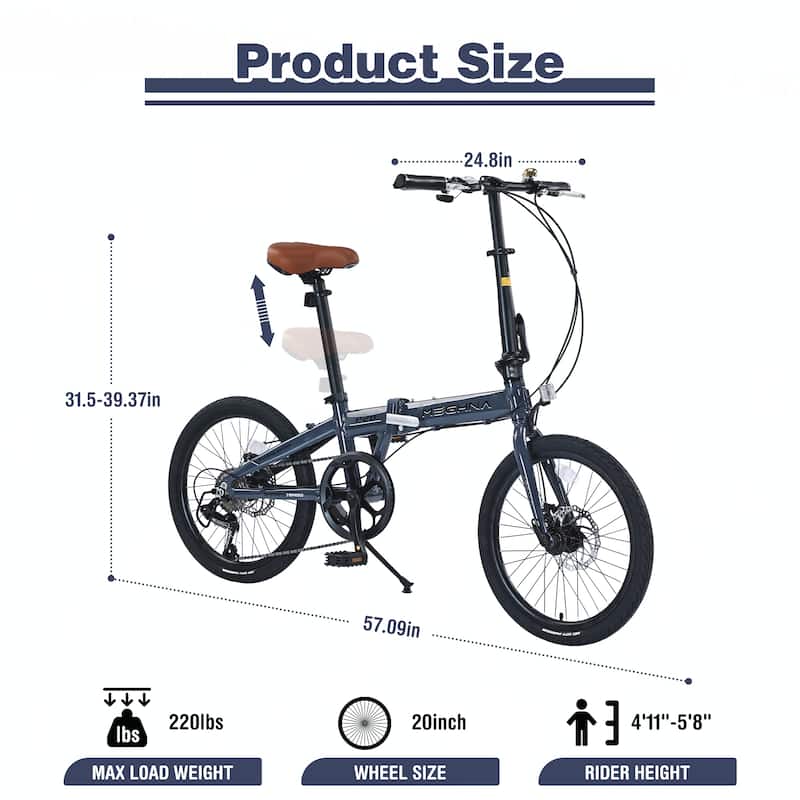 20"Lightweight Aluminum Frame,7-Speed Folding City Bike,Blue Gray