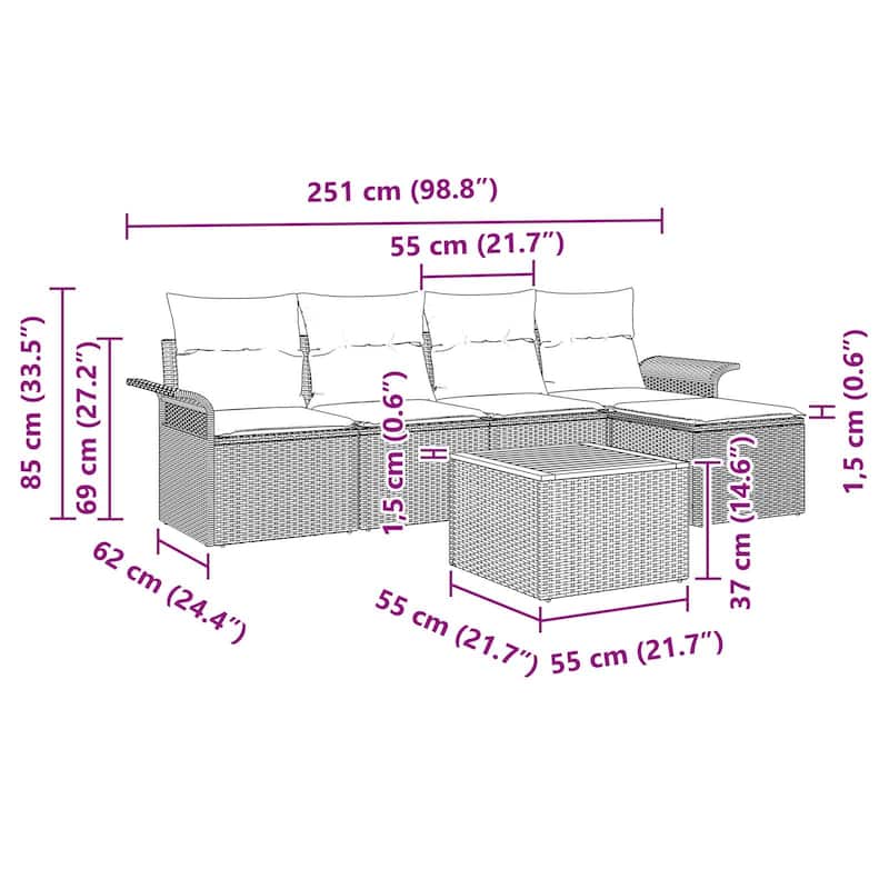 vidaXL 6 Piece Garden Sofa Set with Cushions - 98.8×24.4×27.2