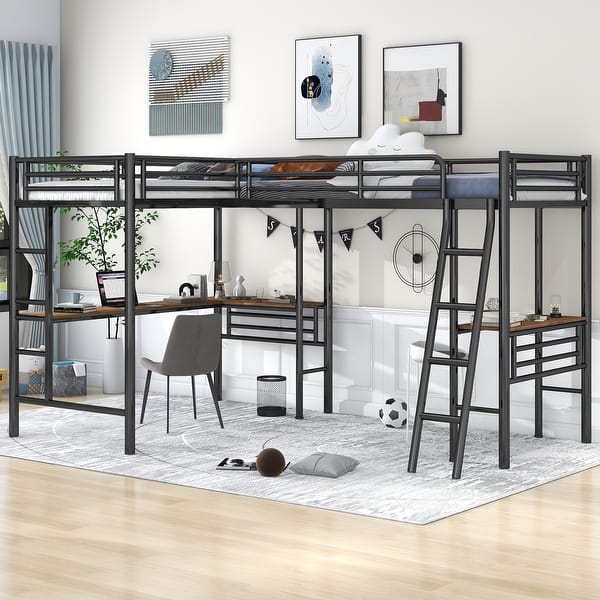 slide 2 of 10, Twin Size L-Shaped Metal Loft Bed with 2 Built-in Desks & Ladders Black - Twin