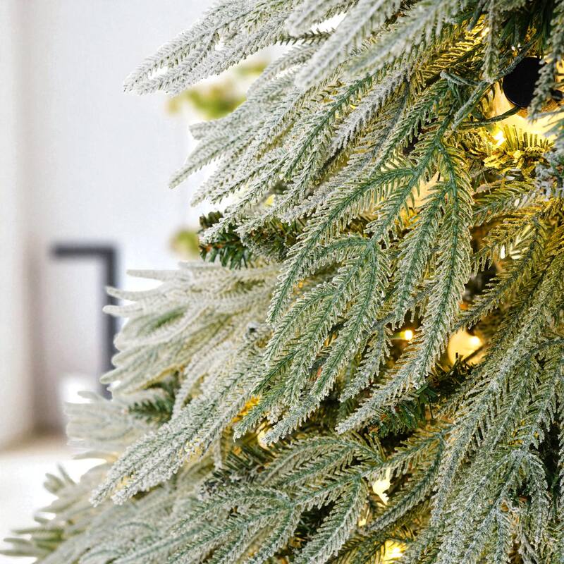 6FT Pre-Lit Snow Flocked Christmas Tree with Warm LED Lights, Artificial Hinged Spruce Holiday Décor
