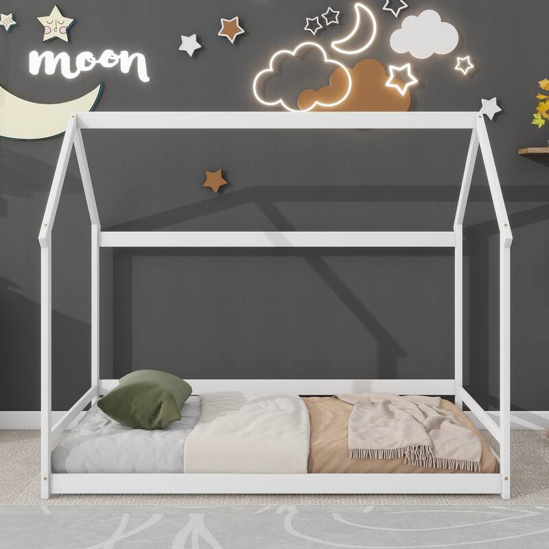 Wood House Bed With Storage Shelf And Hanger