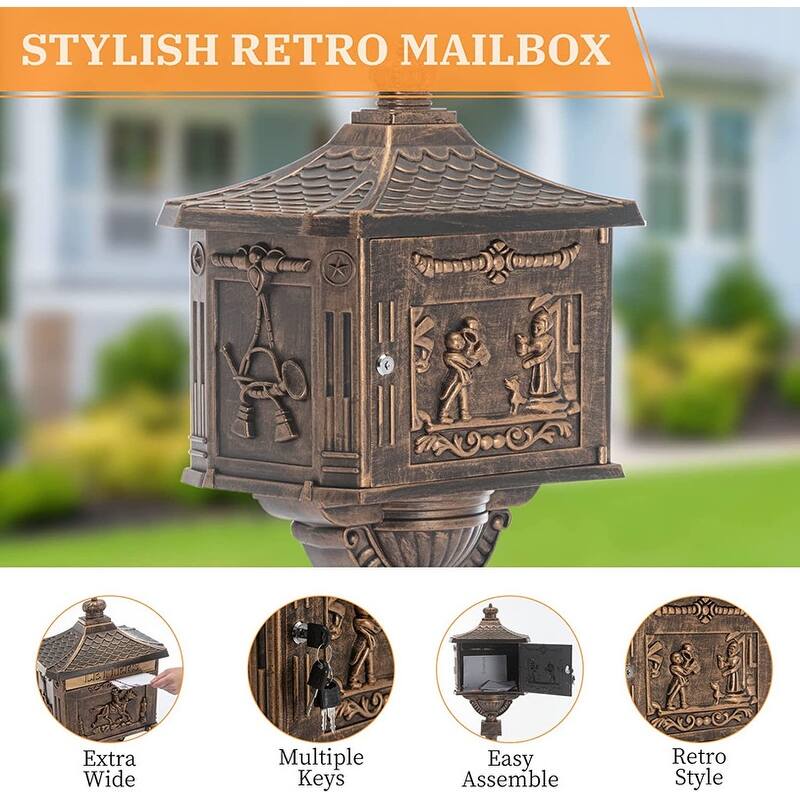Retro Mid-century Aluminum Cast Mailbox with Post and Keys, Locking Residential Rust-Proof Security Postal Mailboxes
