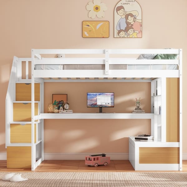 slide 2 of 25, Full Size Loft Bed with 2 Drawers & Storage Staircase, Solid Wood Loft Bed Frame with Desk, Shelves, Full Length Guardrail Natural+White - Full