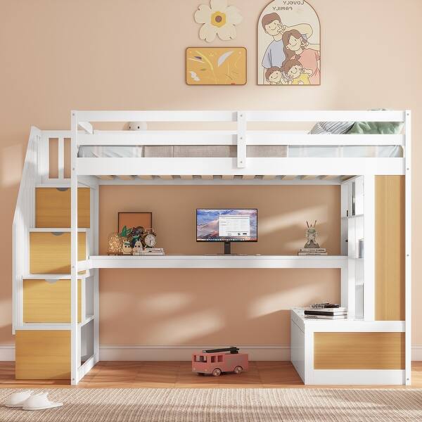 slide 2 of 13, Full Size Loft Bed with Desk and Shelves, Two Built-in Drawers & Storage Staircase Natural+White