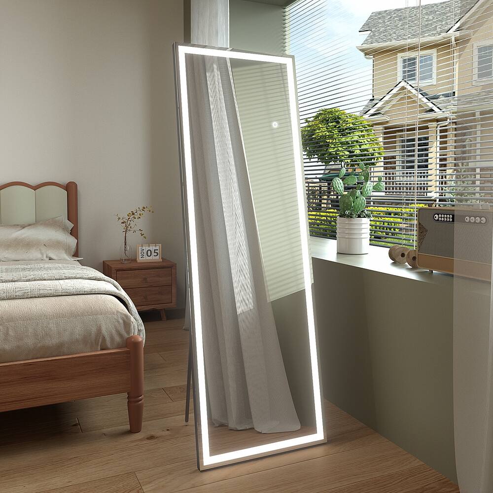 KIOTEE Aluminum Alloy Frame Led Lighted Tempered Glass Full Length Mirror With 3 Color Temperature & Brightness Adjustment