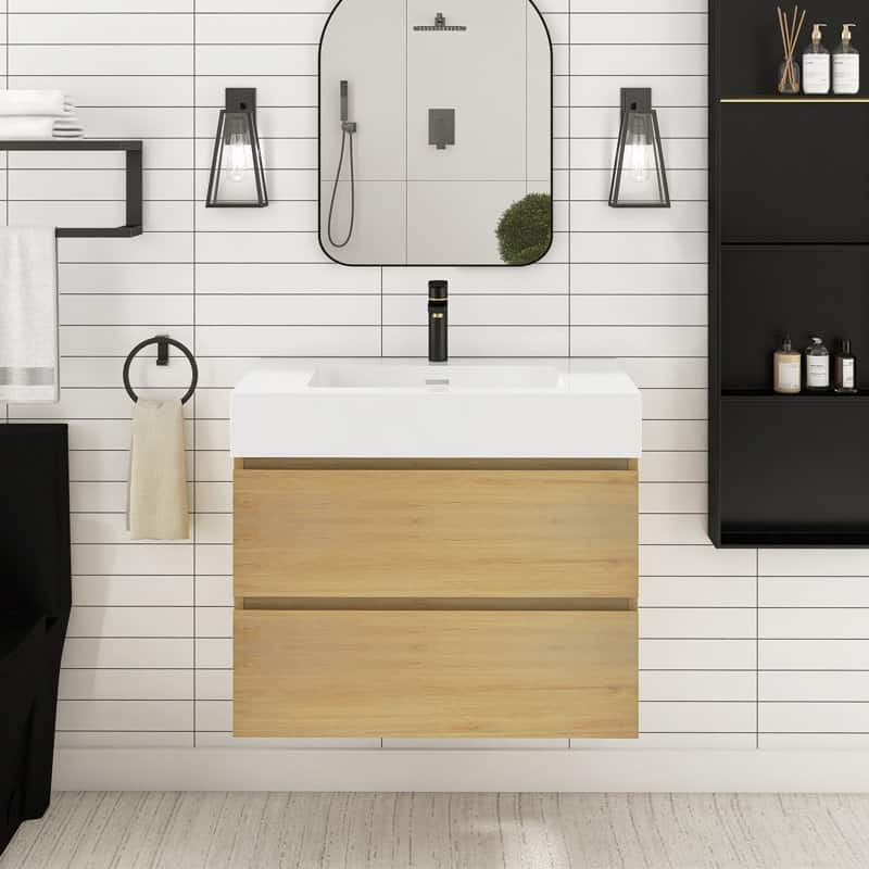 24/30/36 inch Wall-Mounted Bathroom Vanity Set in Oak with Integrated Resin Sink