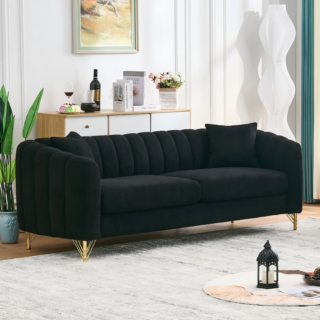 Oversized Chenille 3 Seater Sofa, Tufted Deep Seat Sofa with Curved Arms & 2 Throw Pillows, Upholstered Sofa with Metal Legs
