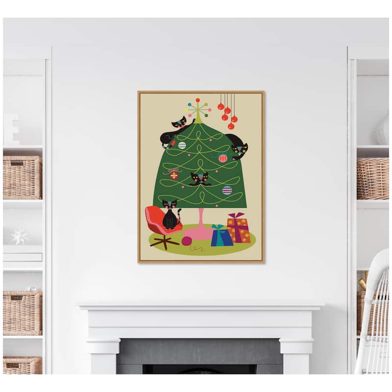 Kate and Laurel Sylvie Framed Canvas Retro Cats And Christmas Tree by Rachel Lee