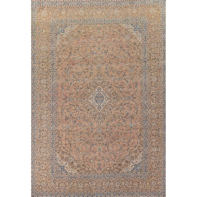 Distressed Floral Kashan Persian Vintage Area Rug Handmade Wool Carpet - 9'7" x 13'4"