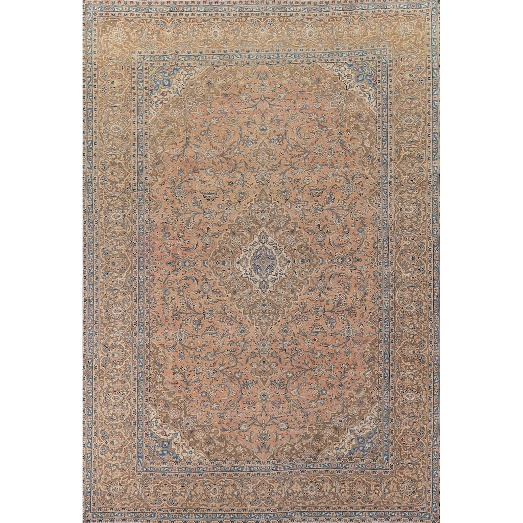Distressed Floral Kashan Persian Vintage Area Rug Handmade Wool Carpet - 9'7" x 13'4"