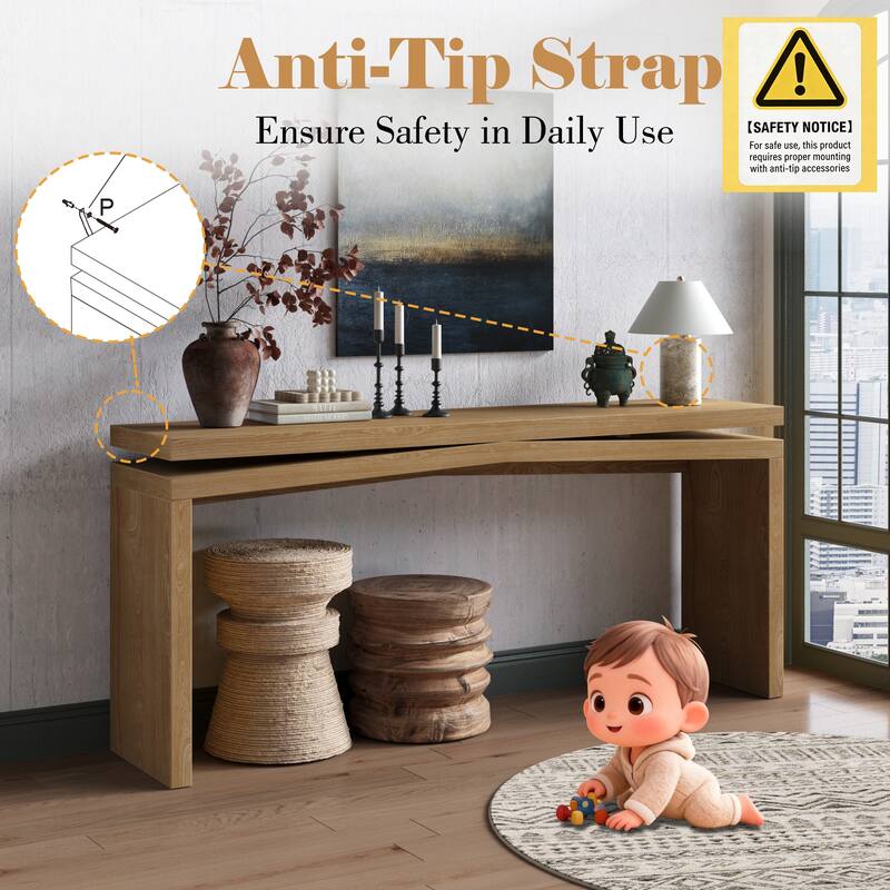 65-Inch Rustic Solid Wood Veneer Console Table, Long Farmhouse Entryway Sofa Table for Living Room, Hallway, Behind Couch