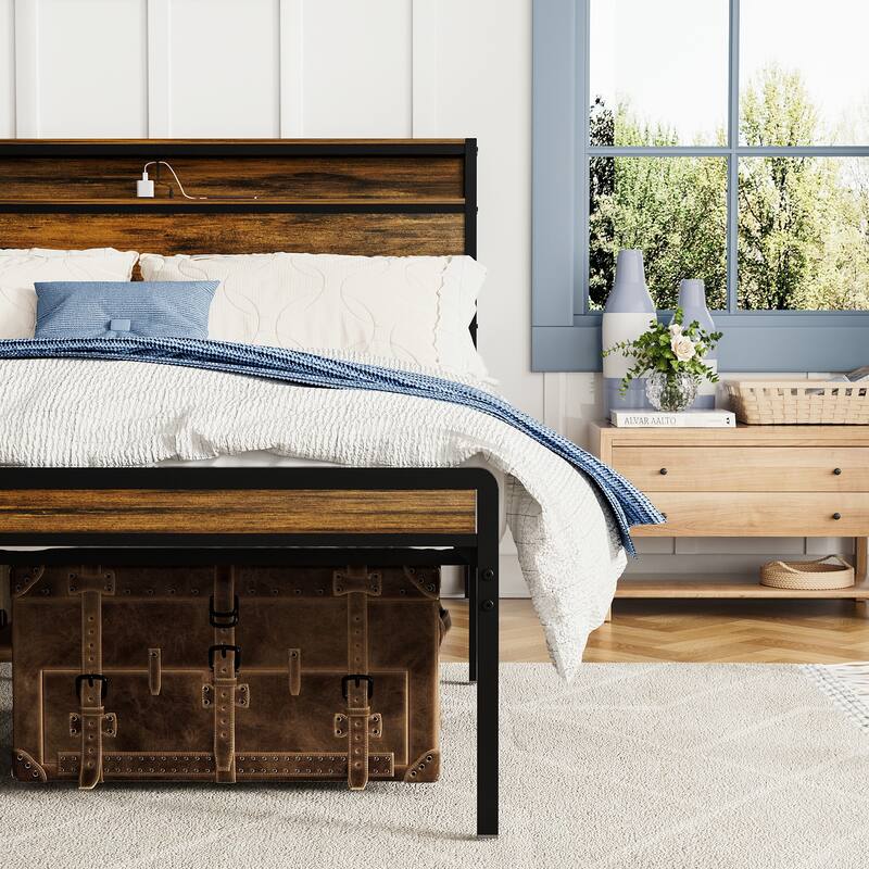 Antique Brown Queen Size Platform Bed with Storage Headboard,LED Light and Charging Station for Bedroom