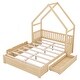 preview thumbnail 4 of 7, Queen Size House-shaped Bed with Half-guard, Wooden Platform Bed with Two Recess Handle Drawers, Natural