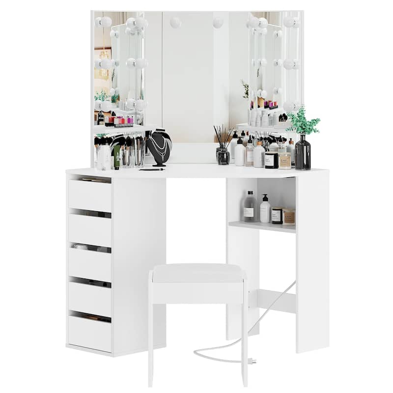 Corner Makeup Vanity Desk with Mirror and Lights