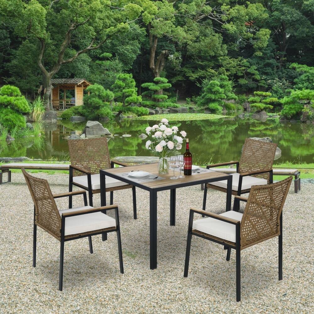Outdoor All Weather Acacia Wood 5-piece Conversation Dining Set with Umbrella Hole
