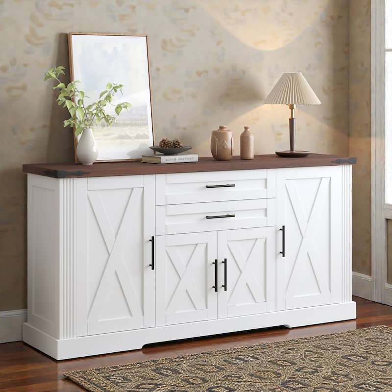 63 Inch Farmhouse Barn Door Buffet Cabinet with Drawers, Coffee Bar Storage Console with Adjustable Shelves - White