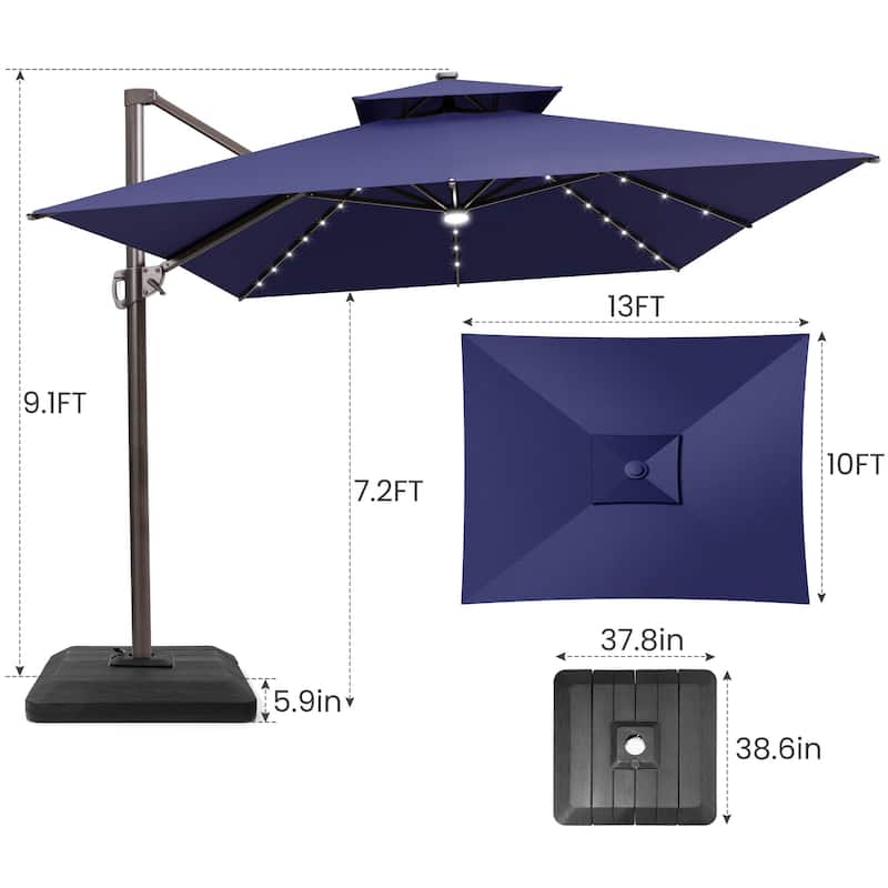 13 x 10 FT Solar Powered LED Light Patio Cantilever Umbrella Aluminum Pole with Base