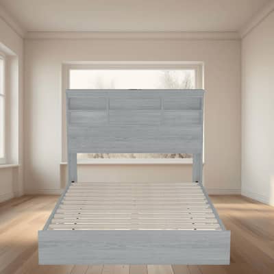 Queen Size Vintage Wooden Platform Bed Frame with Double Storage Headboard and Built-In Charging Station for Bedroom