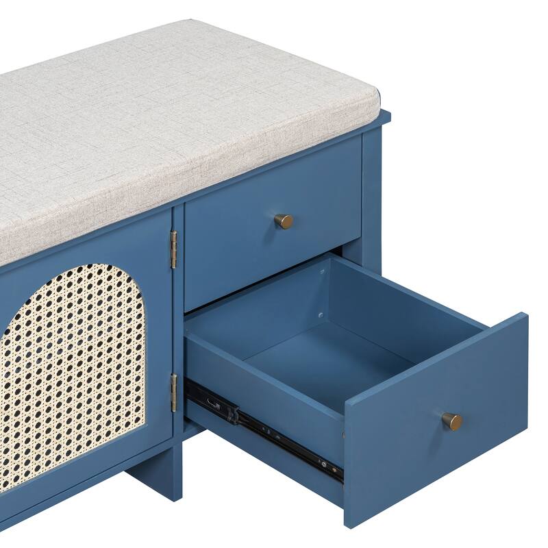 Wood Frame Bench with Shoe Storage, Shoe Bench with Rattan Arched Door and 2 Drawers Entryway Fabric Upholstered Bench