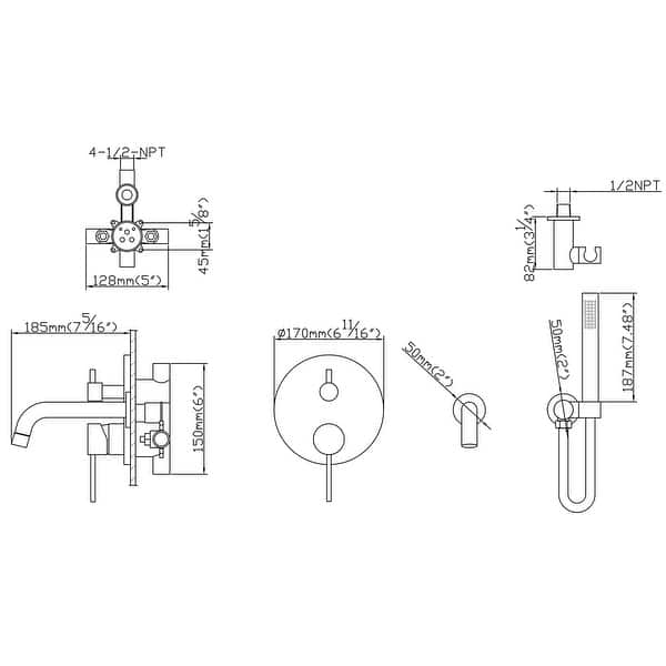dimension image slide 1 of 3, Solid Brass 2 Handle Wall Mounted Roman Tub Faucet With Handheld Shower