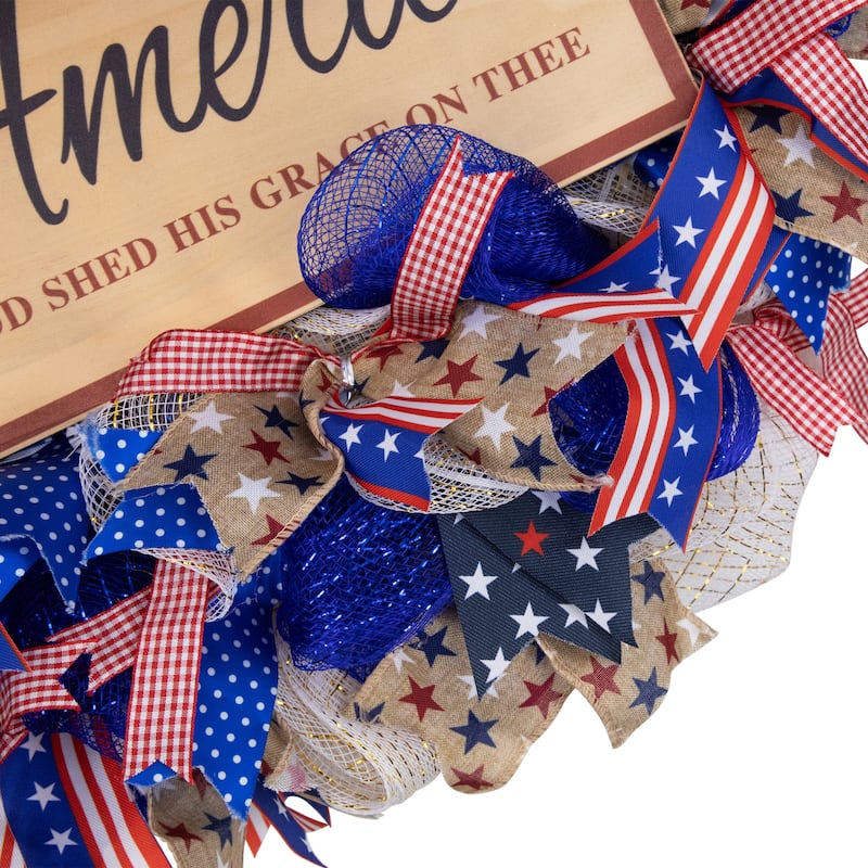 Stars and Stripes "America, God Shed His Grace on Thee" Patriotic Bow Wreath - 18"