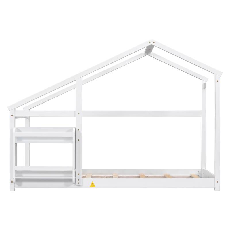 Floor Wooden House Bed with Shelf, No Box Spring Needed