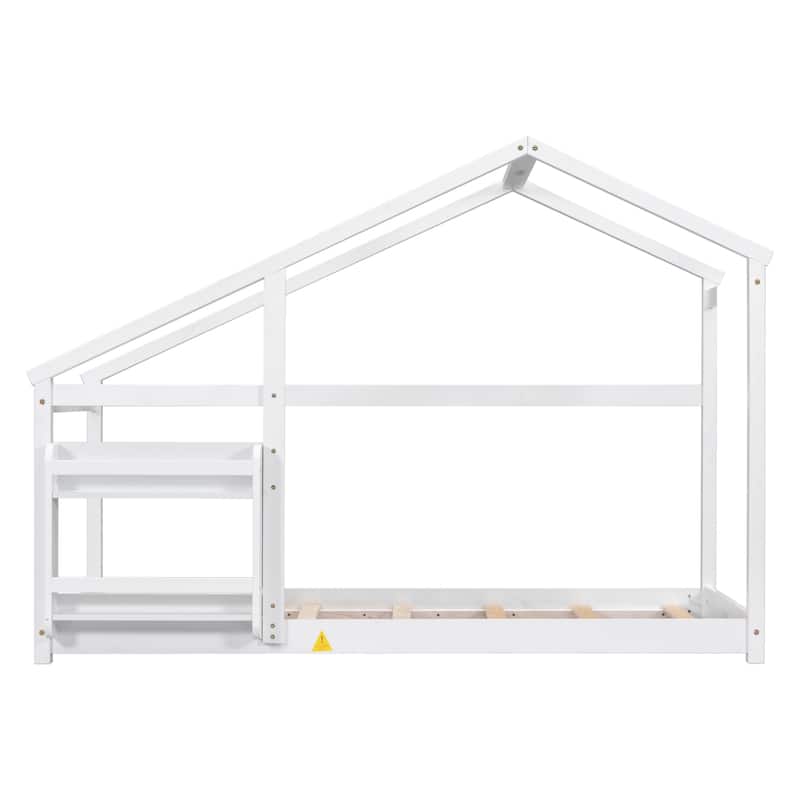 Twin Size Wooden House Floor Bed with Shelf and Roof