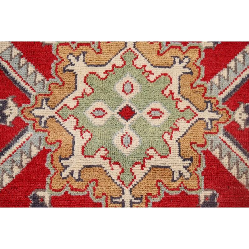 Geometric Kazak Runner Rug Handmade Red Wool Carpet - 2'11" x 9'8"