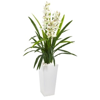 4.5' Cymbidium Orchid Artificial Plant in White Tower Planter - 53 ...
