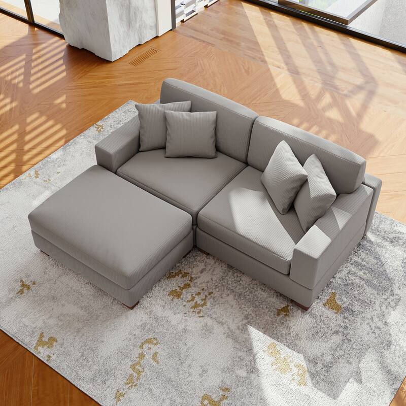 Modular Corduroy Sectional Sofa Set Chaise Couch with Ottoman