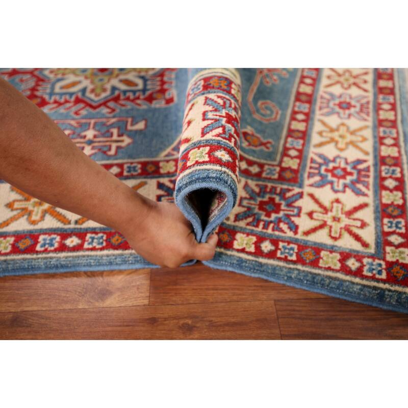Light Blue Geometric Kazak Accent Rug Hand-Knotted Foyer Wool Carpet - 3'4" x 4'11"