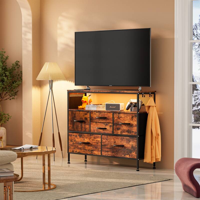Dresser for Bedroom TV Stand with Power Outlets and LED Light, 6 Dresser with Shelves for 45" TV, PU Finish