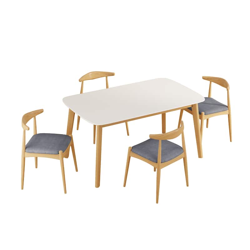 Roomfitters 5-Piece Mid-Century Modern Dining Set with Solid Wood Frame Table and Four Beige Upholstered Chairs