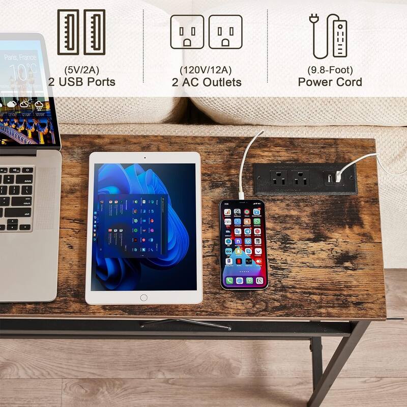Javlergo Console Table with with Charging Station & USB Ports, Rustic Brown