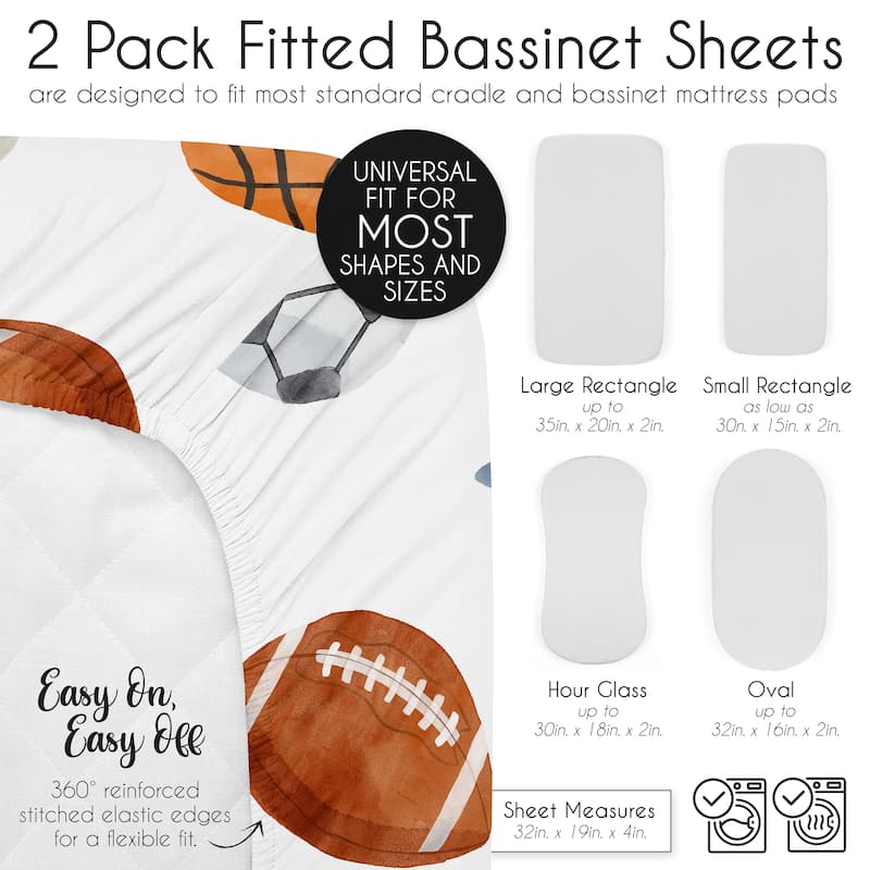 Sweet Jojo Designs Sports Theme Boy 2 Pack Baby Bassinet Fitted Sheets Watercolor Vintage Sport Themed Soccer Football Baseball