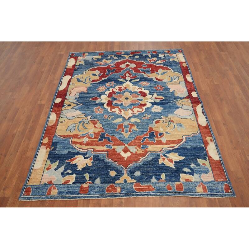 Hand Knotted Oriental 100% Wool Carpet Transitional Floral Navy Blue & Blues Oushak Area Rug - 6' 9'' X 5' 1''
