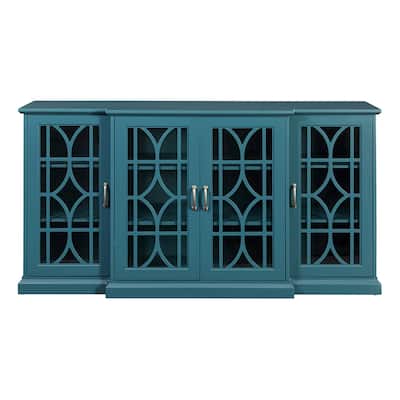Wood TV Stand with 4 Glass Doors, Buffet Sideboard with Adjustable Shelves, Media Console Table with Metal Handles